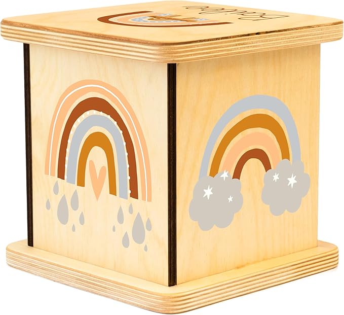 Wooden Piggy Bank for Kids and Adults, Personalized Gift Handmade in USA by BloomOwl, Custom Piggy Bank, Personalized Banks for Kids, Gifts for Baby Boys and Girls (Rainbow)