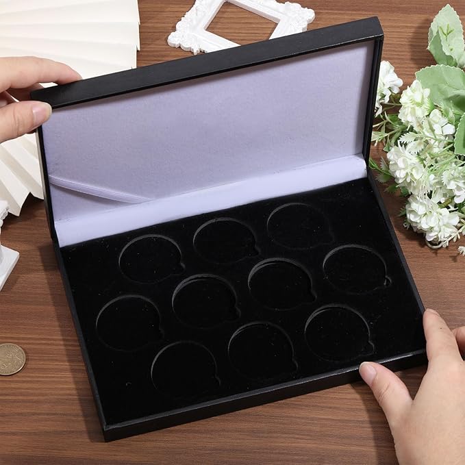 Coin Display Case PU Black Velvet Display Coin Box 45mm Challenge Coin Storage Presentation Box for Commemorative Coins Medals, 10 Slots