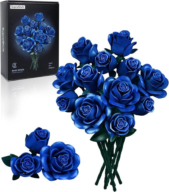 iATOM Blue Rose Bouquet Building Set, Artificial Flowers Botanical Collection for Adults - Gift for Halloween, Gothic Retro Home Office Table Centerpiece Decor - IA11007