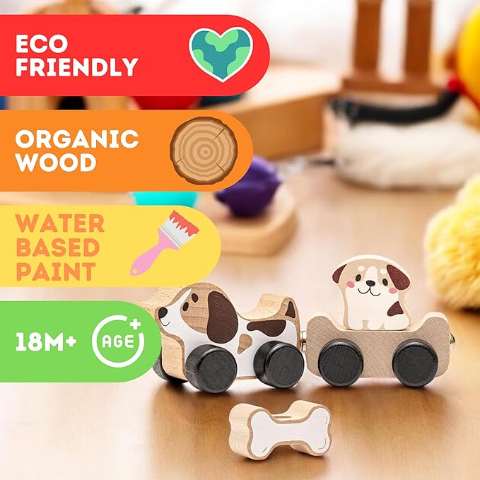 Cubika Wooden Clever Puppies Train Toy – Magnetic Dog-Themed Wood Toy Playset for Toddlers 18 Months+ – Montessori Toy for Fine Motor Skills and Imaginative Play