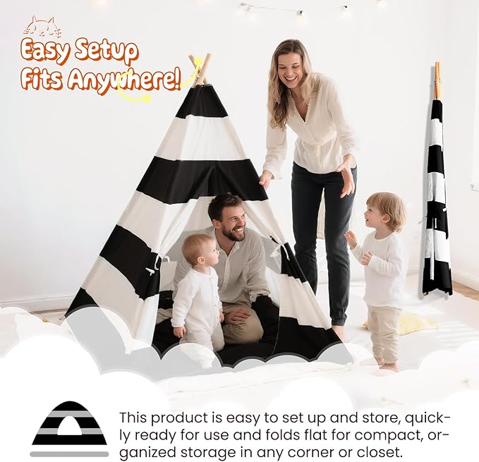 Teepee Tent for Kids with Padded Mat, Lights, and Carry Bag, Washable Playhouse for Indoor Use, Ideal Play Tent for Girls and Boys, Stripe Black