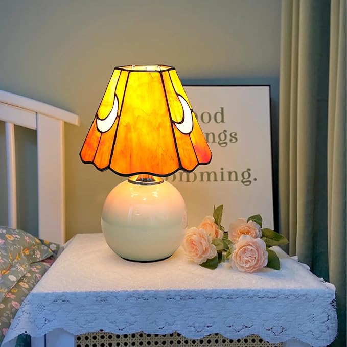Mushroom Lamp Tiffany Stained Glass Moon lamp Cute Small Bedside Table Lamps for Living Room Home Decor,Girls Women Birthday Christmas Thanksgiving Day Gift,Orange