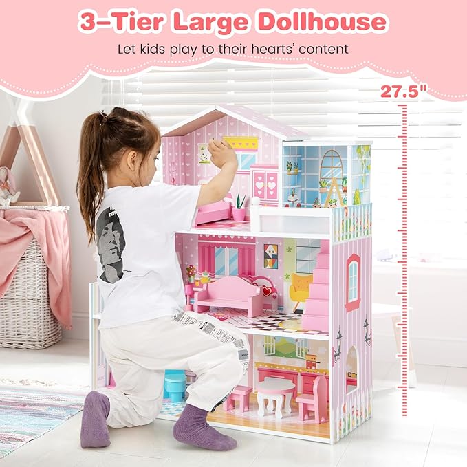 Costzon Wooden Dollhouse for Kids, 3-Story Semi-Open Doll House with 5 Rooms & 10 Pieces Furniture Set, Ladders & Balcony, Preschool DIY Pretend Play Dollhouse Toy, Gift for Girls & Boys Ages 3+