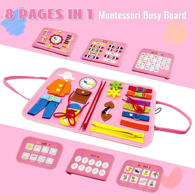 Montessori Busy Board - Busy Book for Toddler 3 4 Educational Toys for Boys Girls, Sensory Activity Board, Fine Motor Skills Learning Gift (Pink)