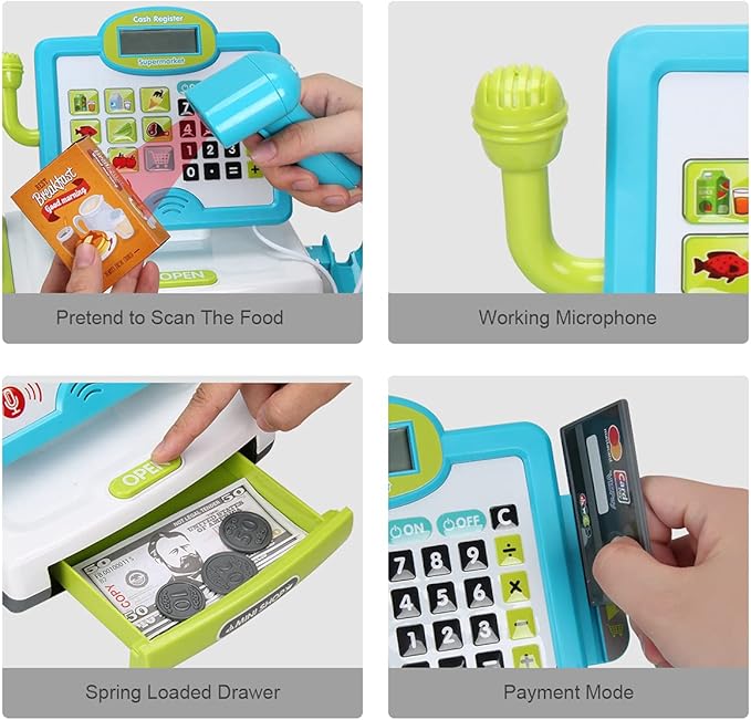 FS Pretend Play Cash Register Toys with Scanner, Calculator, Large Drawer, Microphone, Play Food, Supermarket Cashier Register Toy, Pre-School Gift for Kids, Toddlers, Boys & Girls, Ages 3 4 5 6 7 8