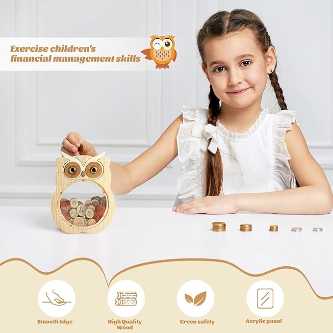 Wooden Money Bank, House-Shaped Piggy Bank with Clear Window, Decorative Coin Storage Box for Kids (Owl Piggy Bank)