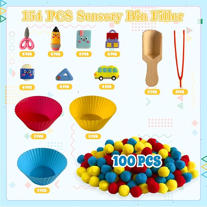 154Pcs Stationery Sensory Bin Filler, Fine Motor Toys Stationery Sensory Bin Items Counting Sorting Toy for Preschool Education Activities Include Pom Poms Pen Scissors Notebooks Cup