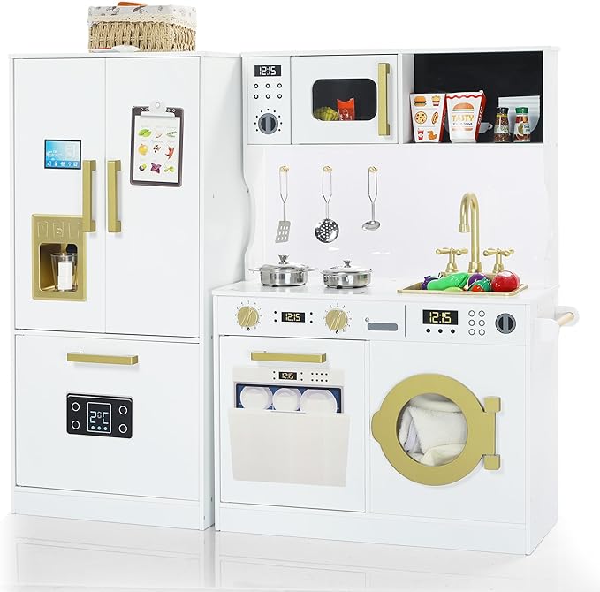 Play Kitchen Sets for Kids, Pretend Wooden Kids Kitchen Playset, Interactive Toy Kitchen with Freezer, Washing Machine, Ice Maker & Large Storage Space, for Boys Girls Ages 3+, White