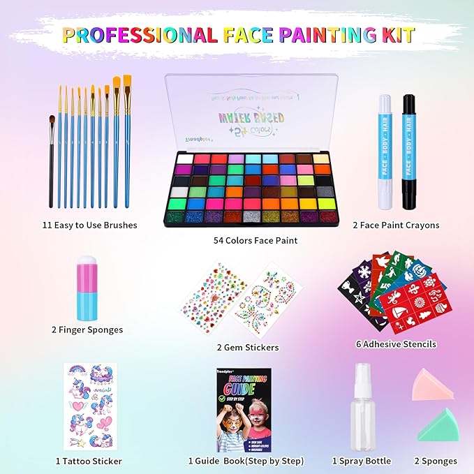 54 Color Face Painting Kit for Kids, Non-Toxic Face Paint Makeup Kit| with Stencil, Guide Book, Easy to Use and Washable Facepaint Makeup Kit for Halloween, Cosplay, School Event