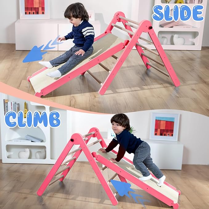 Pikler Triangle Set Climber 5 in 1, Toddler Climbing Toys Indoor Folding with Ramp & Arch & Mat for Montessori Play Gym for Toddlers and Kids (Pink)(105" Wx25 Dx31.5 H)