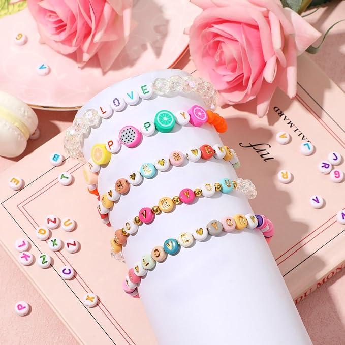 Letter Beads, DECYOOL Acrylic Alphabet Beads with 1 Roll Elastic String for Bracelet Necklace Jewelry Making Supplies (White Colorful)