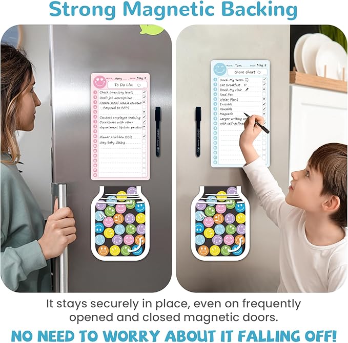 JJPRO Magnetic to Do List for Kids with Smiley Faces Reward Jar- 10" x5.5“ Home Chore Chart for Fridge,Daily Checklist for Toddlers,Magnetic Reward Jar Positive Behavior Training -Blue&Pink