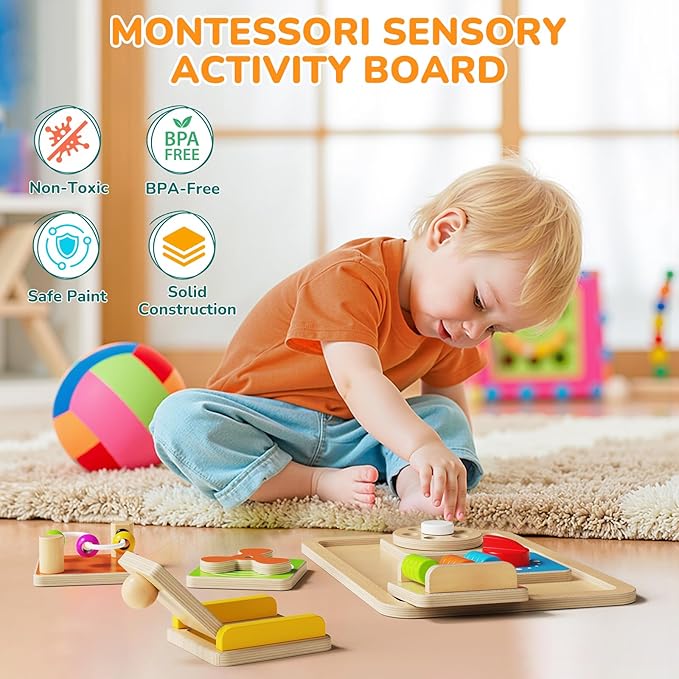 Montessori Busy Board for 1 Year Old, Modular Sensory Toys for Toddlers, Activity Board Toys for Fine Motor Skills, Airplane Car Travel Toys for Baby, Educational Toys for Boy & Girl, Birthday Gifts