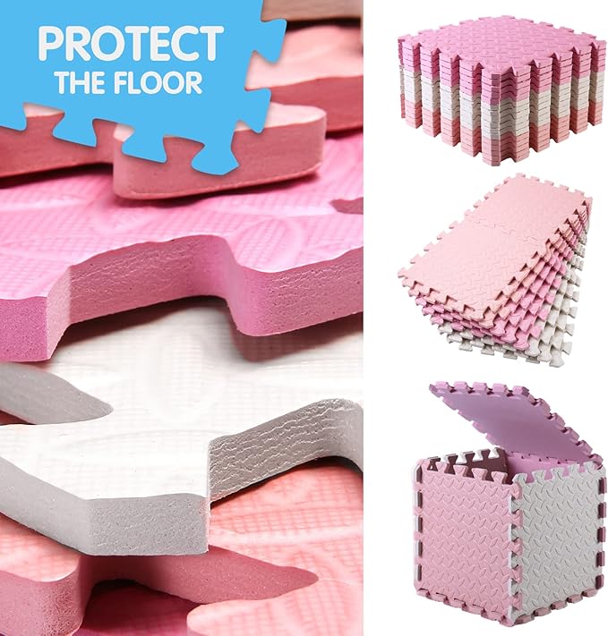 16 Tiles Foam Play Mat for Baby, Soft & Safe EVA Foam Mats for Floor, Square Baby Play Mat, Solid Colored Kids Foam Puzzle Floor Mat, 47x47 Play Mat for Playpen(White/Pink/Loli Pink)