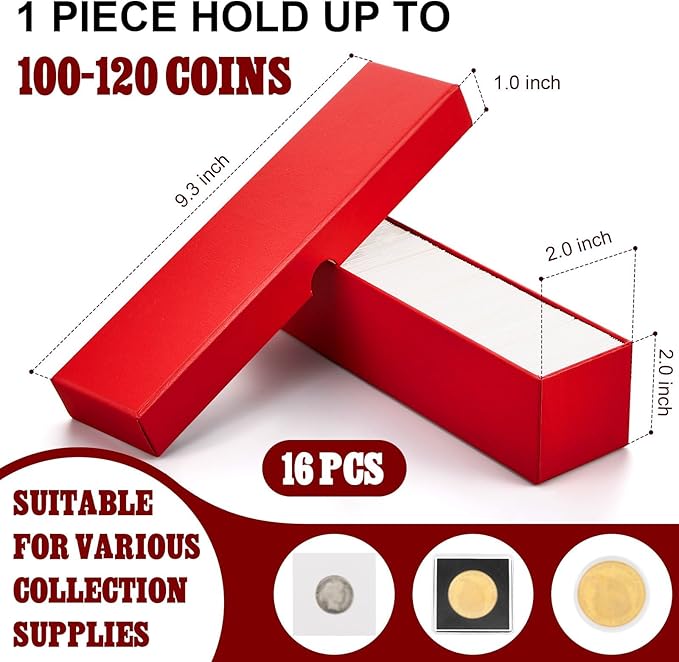 Teling 16 Pcs Coin Storage Box 2x2inch Flip Holders Collectors Coin Supplies Holders for Cents Collection Cardboard (Red)