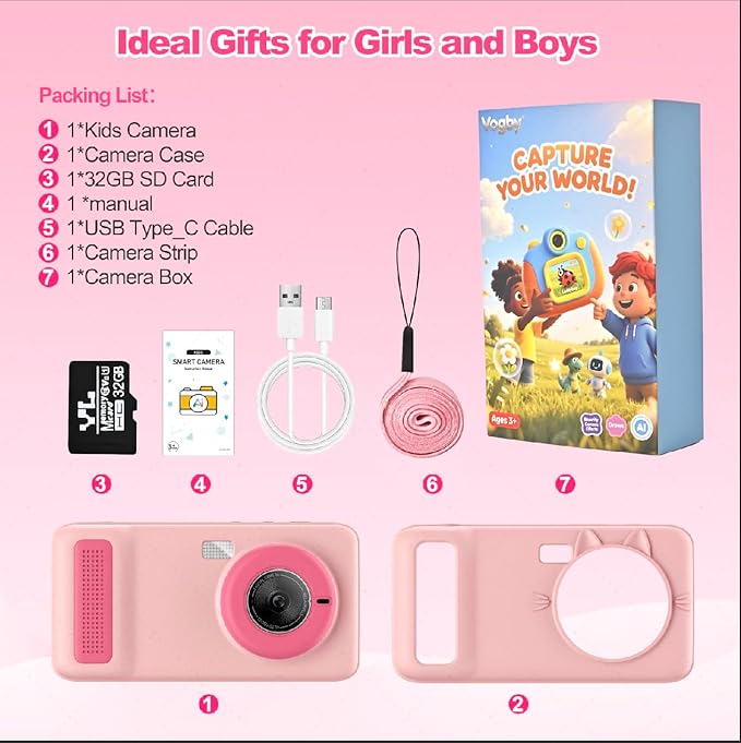 AI Digital Camera for Kids with WiFi for Christmas Birthday Gift for Girls Boys，Touch Screen HD Camera for Home Travel Garden,Kids Toys for 4 5 6 7 8 9 10 11 12 with 32GB SD Card Pink