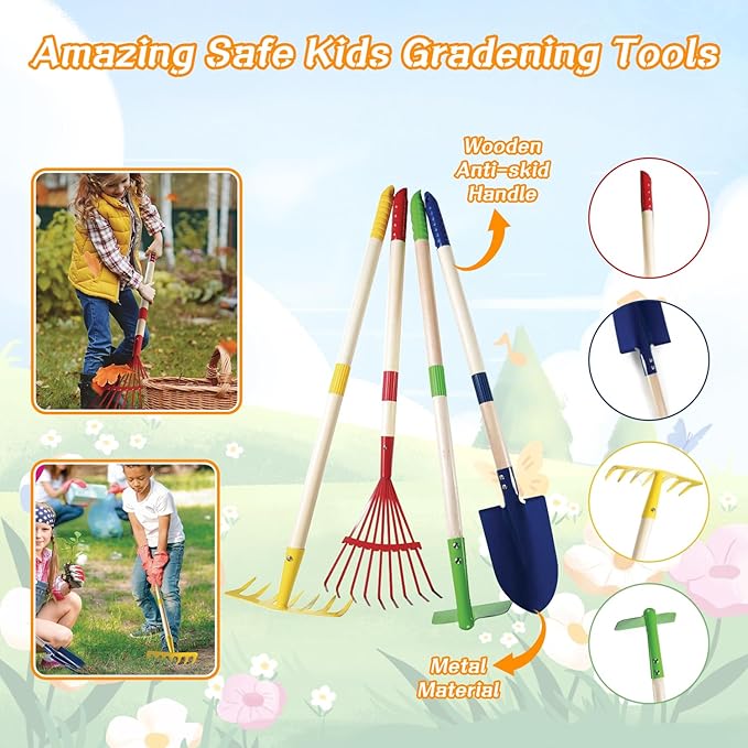 Mostop Kids Gardening Tools Set, Gardening Set for Kids, Outdoor Backyard Farm Digging Toys with Wheelbarrow, Metal Shovel, Rake, Leaf Rake, Outside Garden Wagon Toys Birthday Gifts for Boys Girls 4-8
