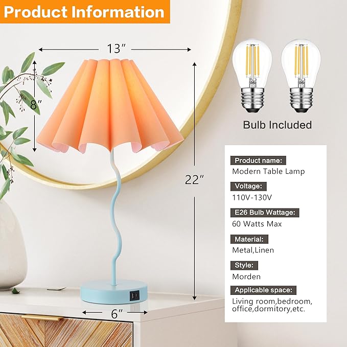 Table Lamps for Living Room - Blue and Orange Modern Dimmable Lamps with USB Port and Outlet