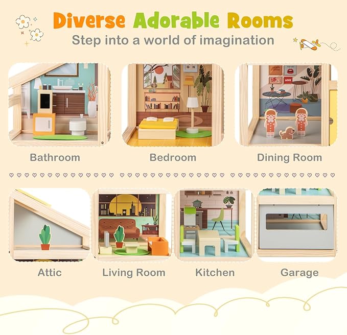 HONEY JOY Doll House, Wooden Dollhouse Playset w/7 Rooms, 21 Accessories & Miniature Furniture, Pretend Play Toys Kit, 2.46 Feet Big Doll House, Christmas Birthday Gift for Girls Boys Age 3+