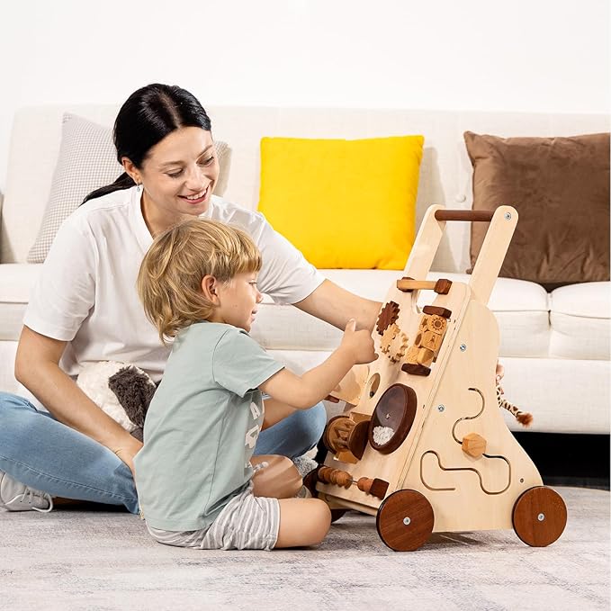 Woodtoe Wooden Baby Walker, Adjustable Speed Push Walker, Montessori Walker for Boys and Girls, Baby Activity Center, Sit to Stand, Toddler Push Toys for Babies 9-12 Months, 1 2 3 Year Old