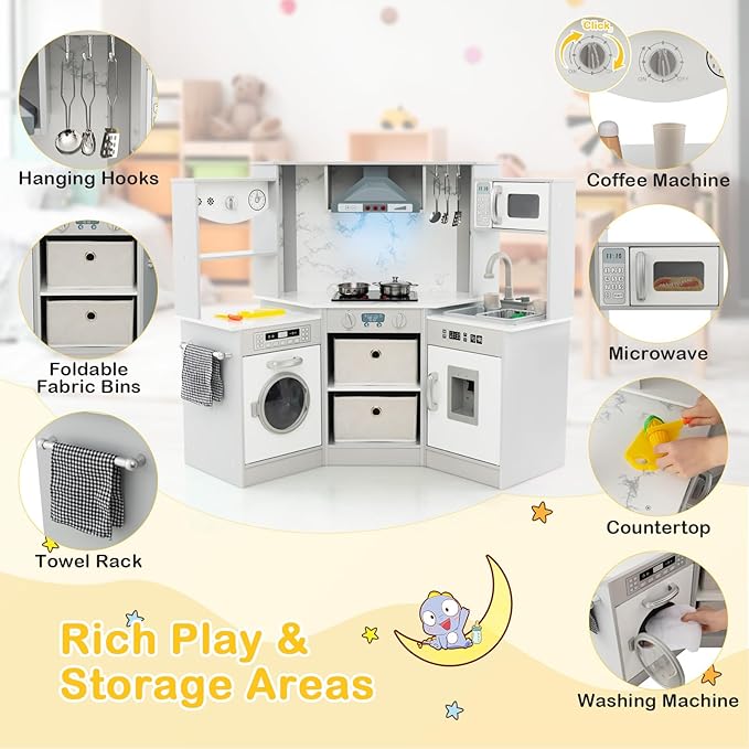 Costzon Corner Play Kitchen, Wooden Toddler Kitchen Playset with Lights and Sounds, Water Circulation System, Washing Machine, Toy Kitchen with Accessories, Kids Kitchen Playset (Grey)