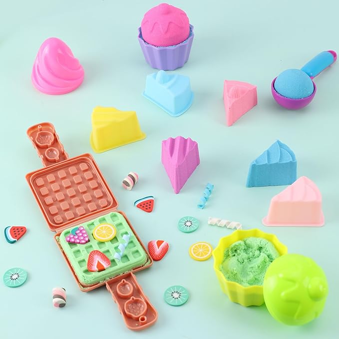 Golray Ice Cream Sensory Bin for Girls, Play Sand Art Kit with Sandbox, 2lb Magic Sand, Cake & Waffle Molds, Pretend Play Desserts Toys, Sensory Toy Set Gifts for Girl Toddlers Ages 3 4 5 6 7 8