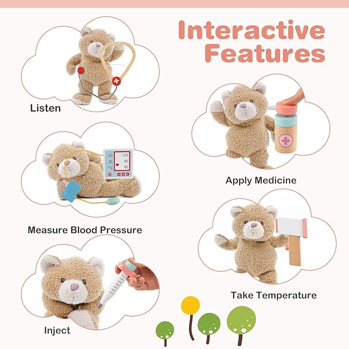 HONEY JOY Kids Wooden Doctor Play Set, 2 In 1 Checkup Medical Office Center & Vet Clinic Station, Exam Area & Interactive Accessories, X-Ray, Toddler Pretend Hospital Playset Kit for Boys Girls (Pink)