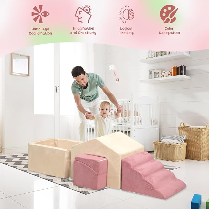 Foam Climbing Toys for Toddlers, 6PCS Climb and Crawl Activity Playset, 5 in 1 Soft Crawling Climbing Blocks Indoor, Toddler Play Climbing and Ball Pit with Slide Stairs and Ramp