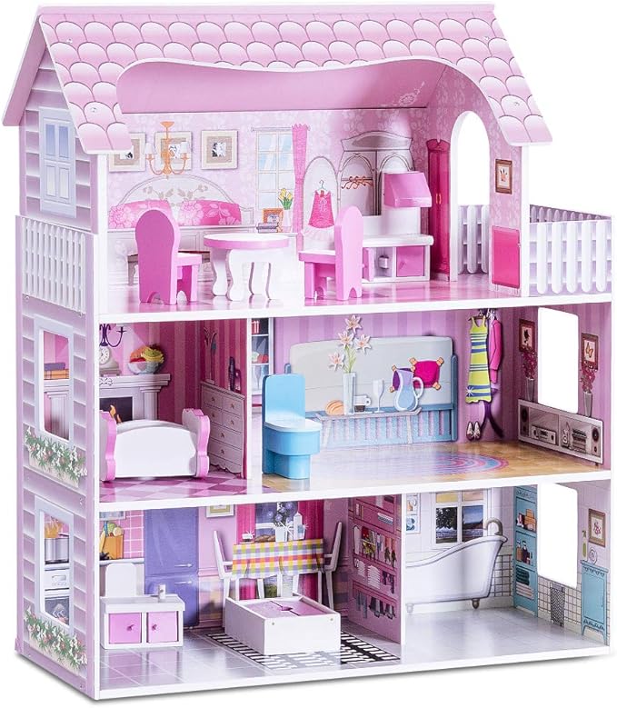 Costzon Wooden Dollhouse for Kids, 3-Story Semi-Open Doll House with 5 Rooms & 8 Pieces Furniture Accessories, Balcony, Preschool DIY Pretend Play Dollhouse Toy, Gift for Girls & Boys Ages 3+
