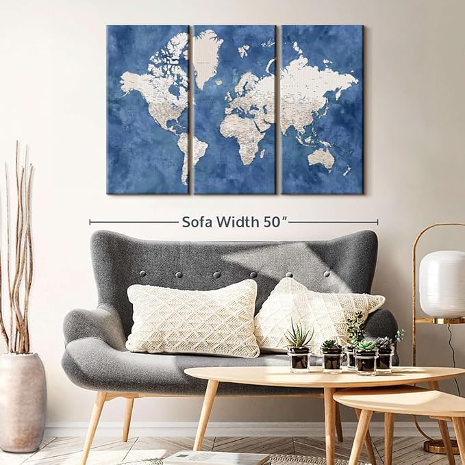 ElephantStock Detailed World Map With Cities I Wall Art - Horizontal Canvas - 3-Piece Living Room Decor - Watercolor Map Canvas Print - Beige and Blue Wall Decor by Blursbyai - 45" X 28"