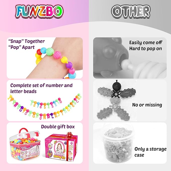 FUNZBO 520+ Snap Pop Beads - Jewelry Making Kit for Kids, Arts and Crafts for Kids Ages 4-8, Toys for 3 4 5 6 Years Old Girls Birthday Gifts Ideas, Bracelet Necklace Ring Snap Set for Little Girls