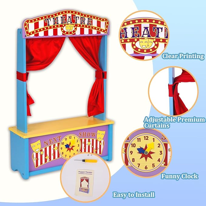 Wooden Puppet Theater, Puppet Theater with Curtains for Tabletop Drama Performance, Role-Playing,Great for Shows, Events, Education and Pretend Play, Portable