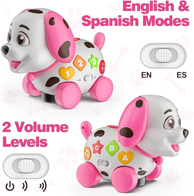 3-in-1 Musical Puppy Toys for 1 Year Old Girl Gift, Educational Baby Toy 6-12-18 Month, 1st Birthday Gift for 1 Year Old Girl Boy, First Bilingual Present for 7 8 9 10 Month Infant (Pink)