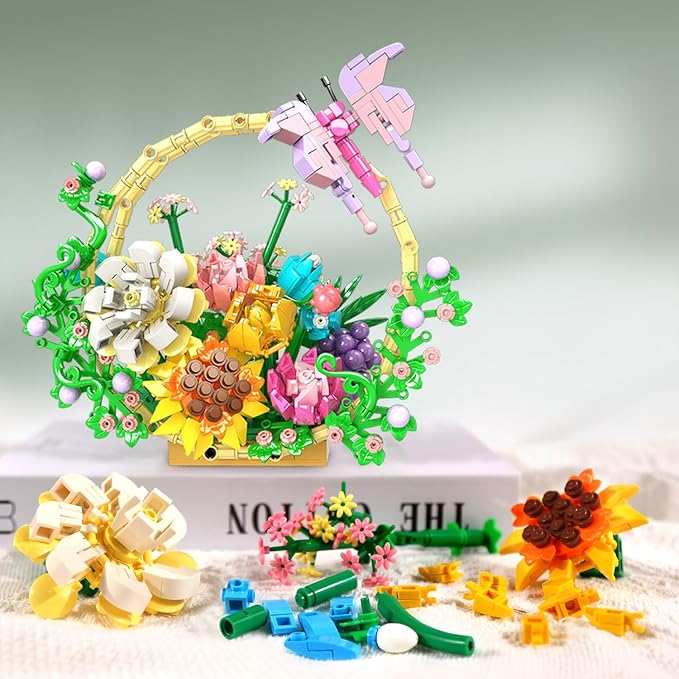 SIENON Flower Bouquet Building Set, Artificial Flowers Bonsai Basket Building Toy, Unique Home Wall Decor-Flowers Botanical Collection Building Kit Gift for Christmas Valentines Mother’s Day (641pcs)