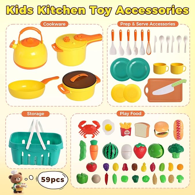 LovesTown 59PCS Pretend Play Food Set for Toddler, Yellow Toys Pots and Pans for Kids with Basket Kitchen Toys for Girls Boys Birthday Gifts