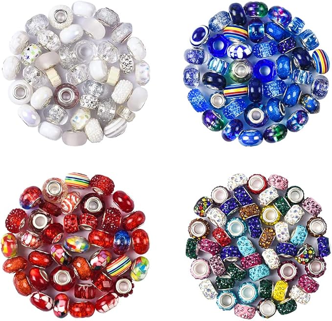Aipridy Assortment European Large Hole Beads Spacer Beads Rhinestone Craft Beads for DIY Charms Bracelet Jewelry Making (Blue-Red-White)