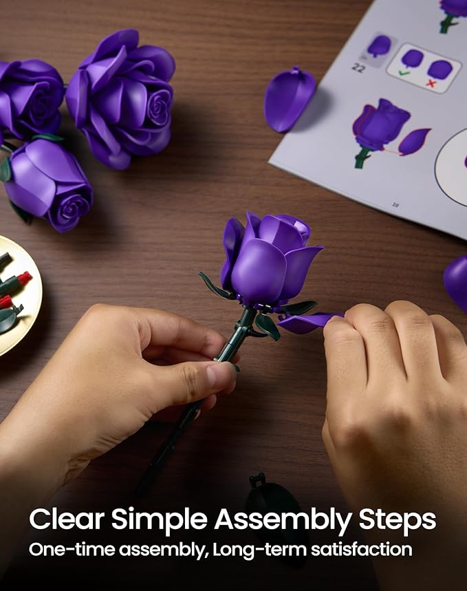 iATOM Purple Rose Bouquet Building Set, Artificial Flowers Botanical Collection for Adults Women, Gift for Halloween & Valentines Day - Gothic Home Office Table Centerpiece Decor - IA11017