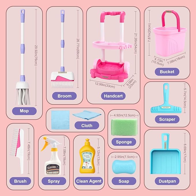 Jenilily Toddler Cleaning Set, Kids Cleaning Carts Toy Set, Detachable Kids Mop Broom Set for Toddlers - Pretend Play Educational Toy (Pink)