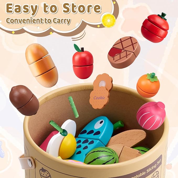 Wooden Play Food Sets for Kitchen Kids Velcro Fruits and Vegetables Cutting Toys for Toddlers Pretend Food Kitchen Accessories Playset Birthday for 3 4 5 6 Years Old Boys Girls