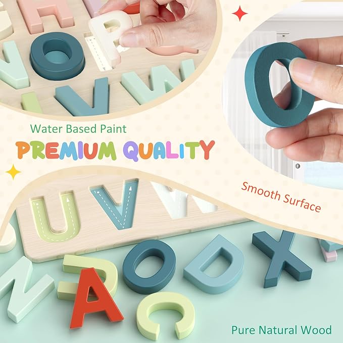 Alphabet Puzzles, ABC Preschool Learning Toys, Wooden Toys for Toddlers, Alphabet Shape Puzzles for Kids, Gift for Girls Boys
