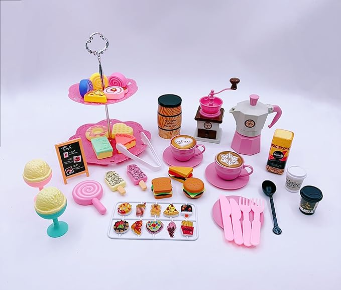 Pretend Tea Party Set for Little Girls, 48 PCS Coffee Maker Set and Play Food Dessert Set for Kids Age 3 4 5 6 7 8 9, Kids Kitchen Pretend Play for Princess Girls Boys(Pink)