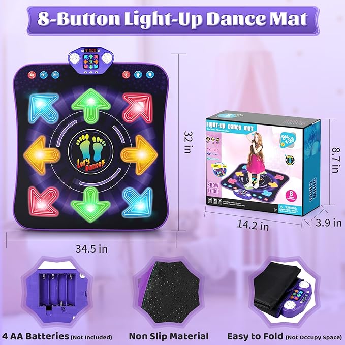 Dance Mat Toys for 3-12 Year Old Kids, Kids Dance Mat with Light-up 8-Button Wireless Bluetooth, Dance Pad Toy with 5 Game Modes, Christmas Birthday Toys Gifts for 3 4 5 6 7 8 9 10+ Year Old Girls