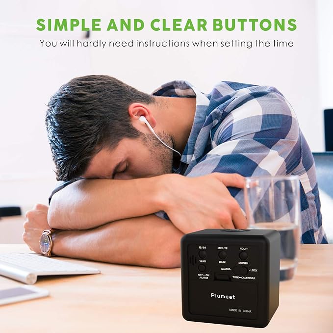 Plumeet Digital Alarm Clock Kids Alarm Clock with Snooze and Nightlight - Easy Setting Silicone Clock Display Time, Date - Loud Alarm Clock for Bedroom - Battery Powered (Black)
