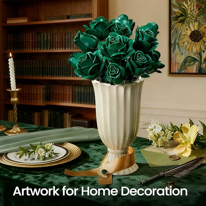 iATOM Green Rose Bouquet Building Set, Artificial Flowers Botanical Collection for Adults, Gift for Valentines Day & Christmas - Retro Home Office Table Centerpiece Decor - IA11018