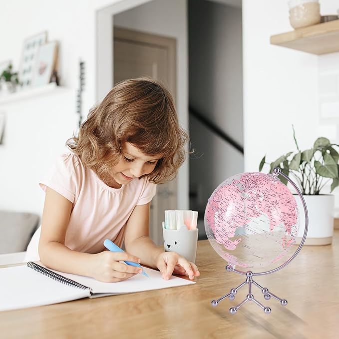 Decorative 8" Pink Earth Globe with Stand – Rotating Desktop Map for Kids, Educational World Globe with Detailed Map for Home, Office, and Classroom