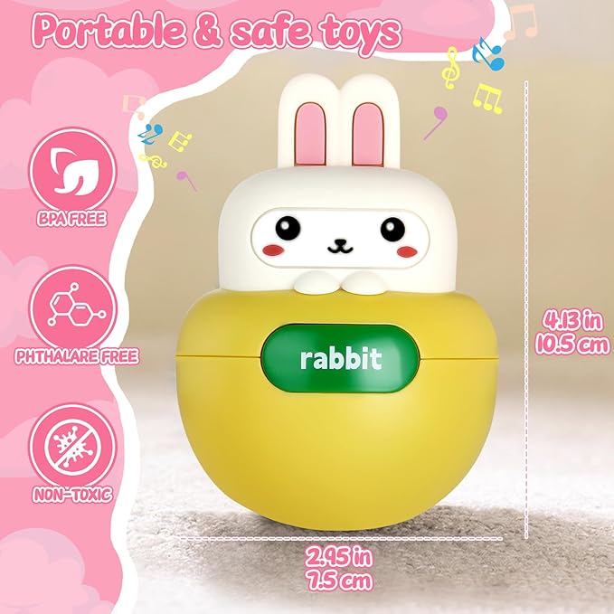 Baby Rabbit Wobble Toys, Infant Roly-Poly Tumbler Musical Wobbler, Babies Sensory Development & Teething Toy Gifts for Newborn 3-12 Month Baby Toddler Boys and Girls