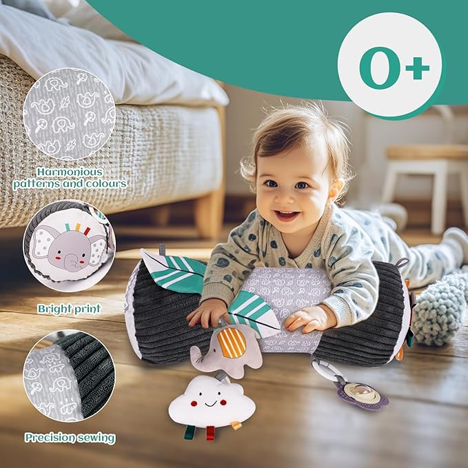 Inflatable Baby Tummy Time Toys Pillow for Newborn, Montessori Baby Sensory Toys Roller with Detachable Mirror, Squeaker, Teether & Rattle, Help with Early Development 3-6 Months(Elephant)