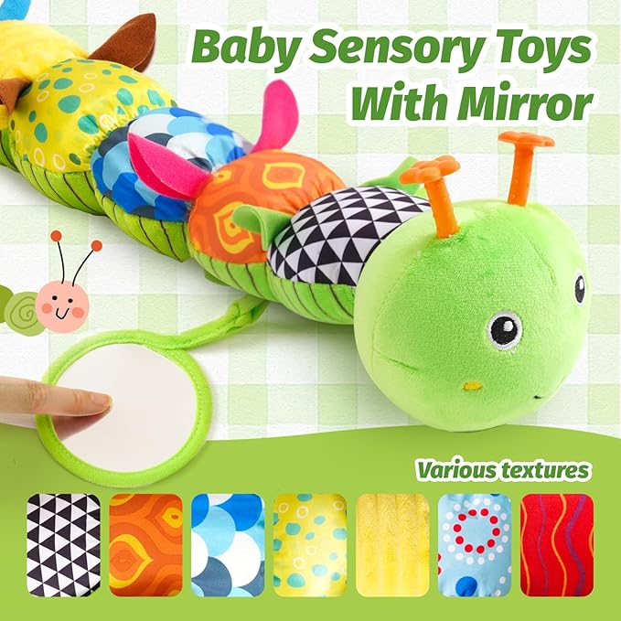 Baby Toys 0-6 Month, Musical Caterpillar Baby Rattle, Plush Sensory Toy with Mirror, Crinkle Textures, Newborn Developmental Tummy Time Stuffed Animal for Infants Boys Girls 6-12 Months (Green)