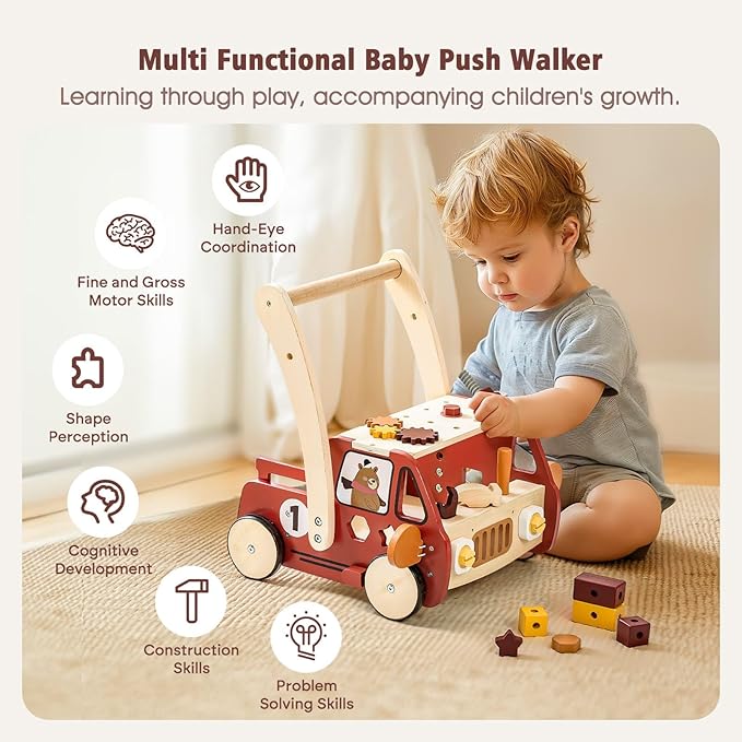 3-in-1 Wooden Baby Walker Adjustable Height with Tool Bench and Toy Storage Wagon - Multifunctional Toddler Push Walker Ergonomically Designed for Natural Walking - 3+ Years of Continuous Use