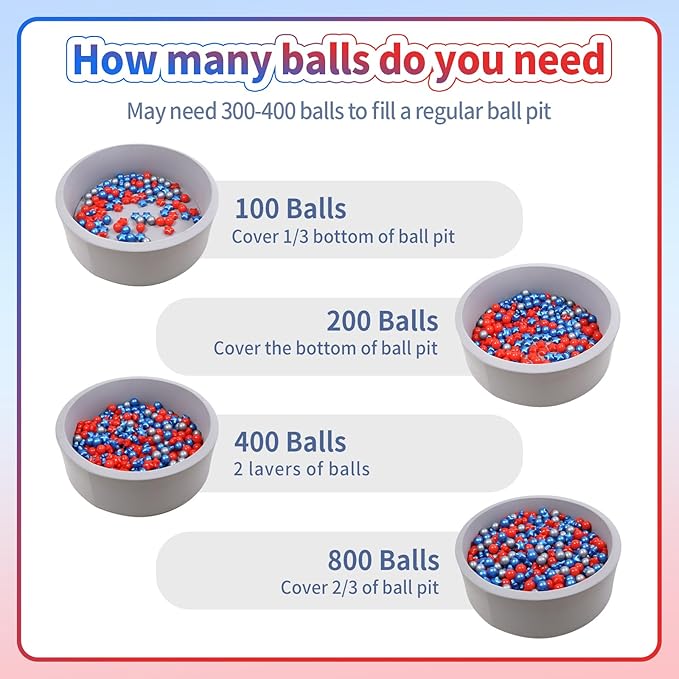 Ball Pit Balls Plastic Stars for Ball Pit BPA Free Plastic Balls Crush and Smash Proof Balls 100pcs 2.2" Set for Toddlers for Play Tent Tunnel (Red+Blue+Silver)